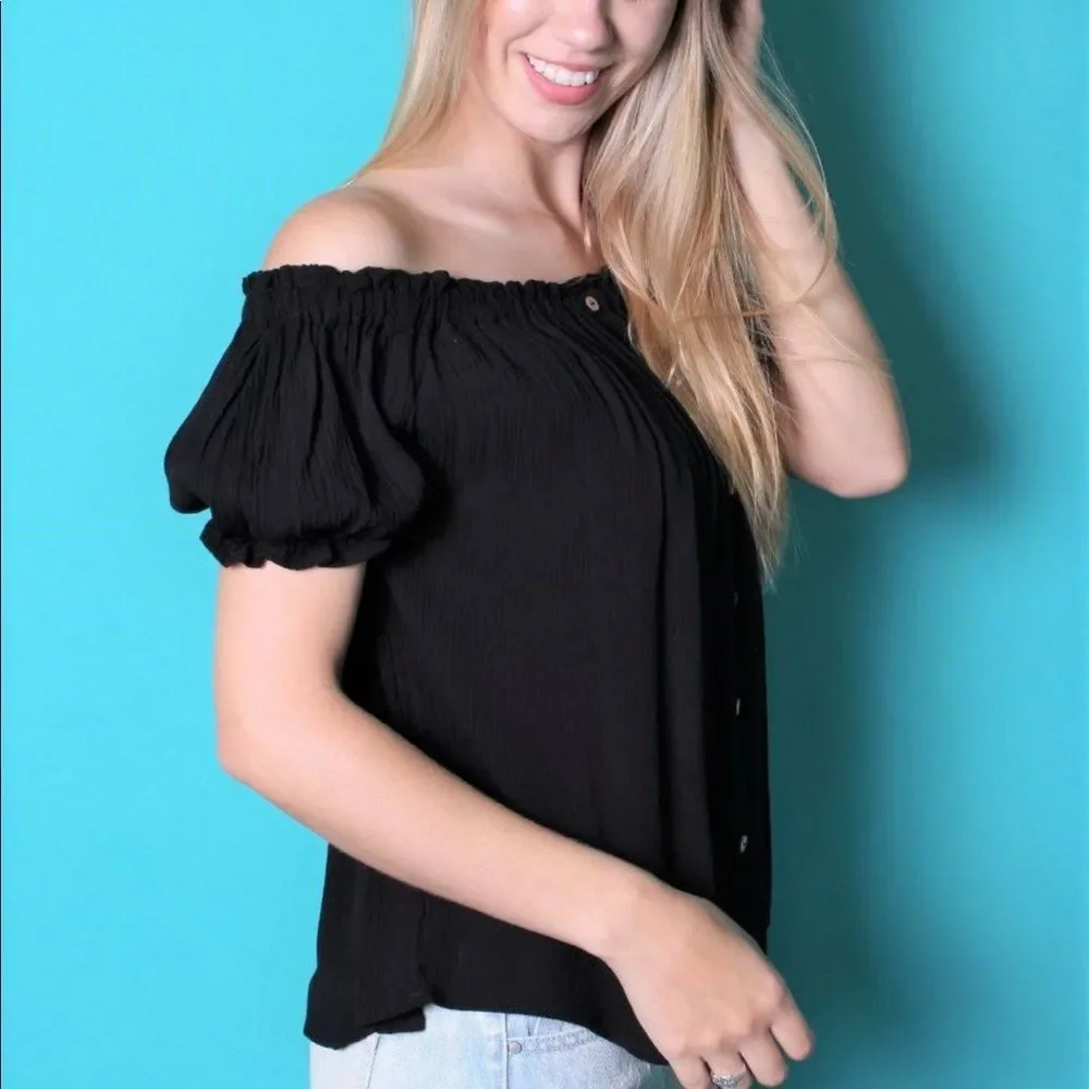 NEW ZANDER THREADS BLACK OFF THE SHOULDER BOHO TOP - Picture 3 of 12